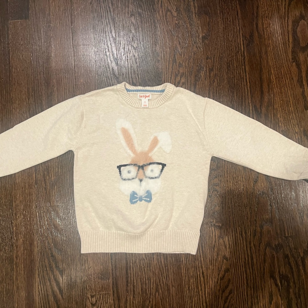 Cat & Jack Cream Sweater with Bunny Glasses Design. Easter and Spring ready!